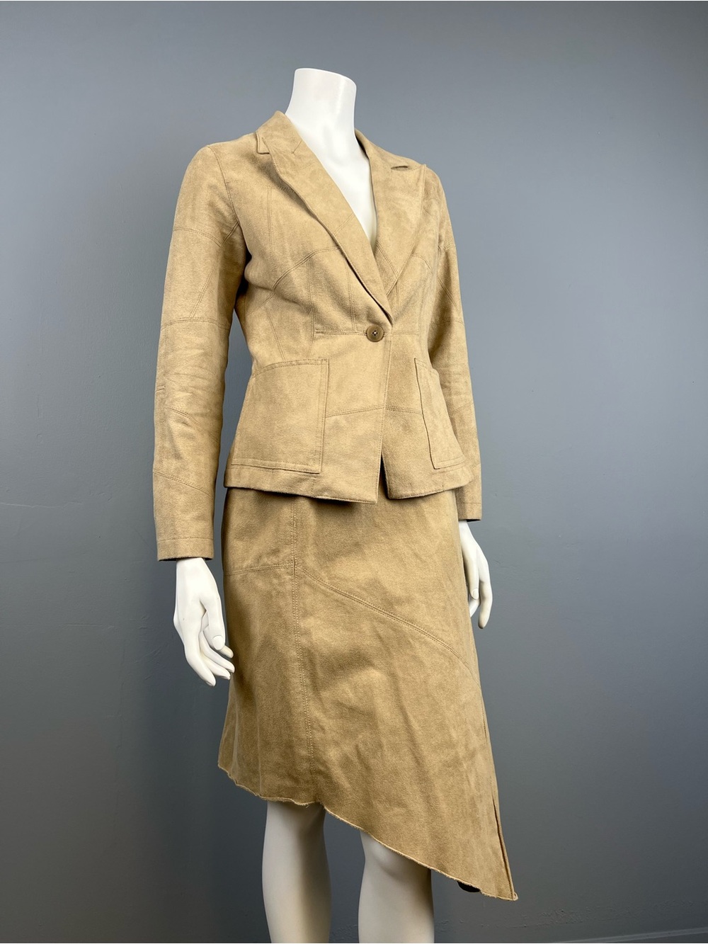 Vintage MEXX Patchwork Faux Suede Tailored Camel Jacket and Skirt Set
